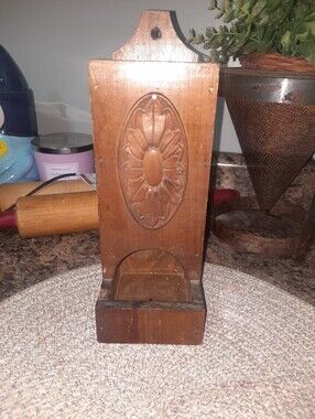 Vintage Carved Wooden Wall Pocket with Floral Medallion